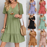 GETADME 2025 Loose V-neck Short Sleeved Pleated Women Dress Solid Color A-line Beach Dresses Elegant Simple Comfortable Woman Clothing