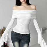 GETADME Y2k Aesthetic Simple Fashion Women's Tee Shirts Slash Neck Long Sleeve Solid Casual T-Shirts Vintage Off Shoulder Trendy Tshirts