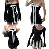 Getadme E-girl Gothic Kawaii Bow Mini Dress Korean Sweet Girl Lace Trim A-line Dress Fairycore Grunge 00s Retro Y2K Coquette Streetwear