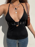 Getadme Backless Eyelet Buckle Lace-Up V Neck Halter Crop Vest Top Women Punk Style Gothic Streetwear