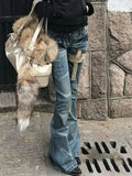 GETADME Y2k Aesthetic Women Zipper Denim Pant Spring High Waist Vintage Hollow Out Hole Harajuku Pants Streetwear Grunge Flared Trousers