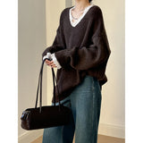 GETADME Lace Trim Warm Sweater for Women V Neck Long Sleeve Winter Loose Soft Top Knit Sweater