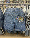 GETADME American Retro Gothic Halloween Geometry Graffiti Print Denim Shorts Men Women Y2k Low Waist Baggy Knee Length Jeans Jorts Short