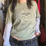 Getadme-2000s Retro Mall Goth Graphic Print Loose Tops Cyber Y2K Grunge Vintage Oversize T-shirt Fake 2 Pice Patchwork Long Sleeve Tees