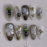 GETADME 24pcs Gradient Black False Nails Cute Cartoon Cat's Eye Forest Elf Girl Press On Nails Glossy Almond Sweet Cool Fake Nail Tips