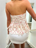 Getadme Strapless Off Shoulder Ruched Tube Tops Women Front Tie-up Ruffles Summer Party Clubwear Tank fLORAL pRINT Mini Vest
