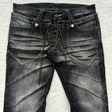 GETADME Y2K Distressed Flare Jeans Gothic Men Double Waist Lace Up Denim Pants Retro Washed Scratches Streetwear Unisex Bootcut Jeans