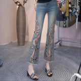 GETADME Women New Comfortable Design Sense Solid Color High Waist Draped Straight Thin Trousers Summer Skeleton Embroidery Denim Slim