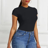 GETADME Solid One Piece Bodysuit Short Sleeve O Neck Sexy Open Basic Overalls Women Tight Fitting Body Top Skinny  Female