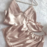 GETADME 2025 Summer New Pajamas Suit Lace Up Cami&shorts 2Pcs Lingerie Sleepwear Rayon Homewear Women Loose Loungewear Big Size 3Xl