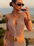 GETADME Sexy Tassel Halter Party Dress Women Hollow Out Shell Sleeveless Backless Maxi Dresses 2025 Summer Fashion Y2k Club Beach Gowns