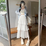 GETADME Sweet Lace Ruffles Long Skirt Women Summer Cute Puff Cake A Line Skirt Woman Korean Style High Waist White Chiffon Tulle Skirt