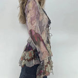 GETADME Y2k Vintage Print Ruffles T-Shirt Sexy Mesh Flare Sleeve Tie-up Cardigans See Through V-neck Tops Street Harajuku Holiday Tee