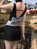 Getadme-여름 섹시 백리스 2피스 스커트 세트 여성 리본 민소매 조끼 + 슬림 패션 미니 스커트 의상 한국 스타일 세트 디자인