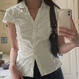 GETADME Women Summer Kawaii Solid Shirring Button Up Turn Down Collar Short Sleeve White Shirts Ladies Office Casual Summer Clothes