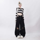 Getadme-블랙 카고 팬츠 여성 여름 캐주얼 오리지널 레트로 멀티 지퍼 포켓 투 웨어 디자인 드로스트링 캐주얼 오버사이즈 바지