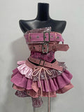 GETADME Y2K Style  Low Waist  Patchwork Sleeveless Halter Top Irregular pink Half Skirt Sexy Short Skirt kpop dance Outfit Lolita Set