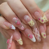 GETADME 10Pcs Almond Press on Nails with Pink Strawberry Bear Design Acrylic False Nails Cute French Full Cover Nail Tips Summer Girl