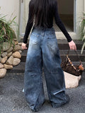GETADME 2025 Grunge Y2K Streetwear Washed Blue Baggy Pleated Jeans Pants For Women Clothing Distressed Wide Leg Loose Old Lady Trousers