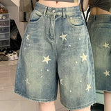 GETADME Women High Waist American Retro Washed Wide Leg Jeans Girls Street Do Old Star Loose Denim Pants Female Blue Knee Length Shorts