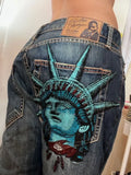 GETADME Harajuku Y2k Fashion Retro Jeans American 2000s Embroidery Blue Buddha Pattern Punk Low Waist Harajuku Casual Leg Slim Pants