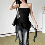 GETADME 2025 Summer Women's Fashion Off Shoulder Slim Fit Tassel Ruffle Strapless Solid Color All-match Tank Top Streetwear Sexy Vests