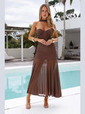 GETADME Elegant O Neck Short Sleeve Maxi Dress Women Fashion Solid Pleated Gauze Patchwork Dresses 2025 New Lady Office Commute Vestidos