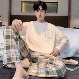 GETADME 플러스 사이즈 남성 파자마 세트 봄/여름 플레드 단색 학생용 잠옷 홈웨어 상의 및 바지 나이트웨어 라운지웨어