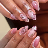 GETADME 24Pcs Metallic Cat Eye French Sheer Manicure Tip Art Textured 3D Acrylic False Nails Nude Pink Almond Medium Press on Fake Nails