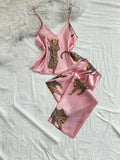 GETADME Comfortable Fashionable 2pcs V Neck Leopard Print Suspender Long Pants Pajama Set