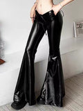 GETADME New Personality Drawstring Folding Bow PU Leather Flare Pants Europe And The United States Sexy Low Waist Solid Color Pants