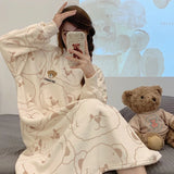 GETADME Winter Warm Pajamas Coral Fleece Long Sleeve Dresses Midi Length Cartoon Student Flannel Home Nightdress Striped Thickened Pajam