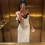 GETADME 툴라로즈 레이스 스파게티 스트랩 롱 드레스 여성용 우아한 레트로 V넥 폴카 도트 슬리브리스 드레스 여름 패치워크 파티 드레스