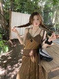 GETADME Korean style Ethnic Irgular Spaghettic Strap Fairy Boho Hippie Dress Women Tassel Mesh Stitching Spice Summer Beach Slim Dress