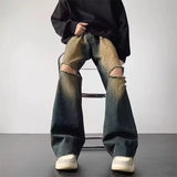 GETADME Mens Washed Denim Jeans American Vintage Loose Wide Leg Straight Micro Flare High Waist Floor Length Casual Trendy Long Pants