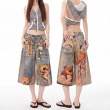 GETADME Womens Baggy Denim Shorts Vintage Washed Teddy Bear Print Wide Leg Mid Length Casual Streetwear Loose Jean Culottes for Women