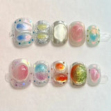 GETADME 10Pcs Cute Short Round Handmade Fake Nail Glitter Colorful 3D Sweet Cool Art Finished Nail for Girl Wearable Full Cover Press On