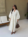 GETADME Fashion Lace Hollow Out Long Dress For Women V-neck Full Sleeve Single Breasted Robe 2025 Summer Elegant Female Casual Dresses