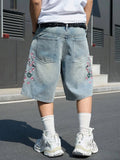 GETADME Men's Light Blue Cherry Blossom Embroidered Denim Shorts, Loose Wide-Leg Streetwear Trendy Denim Capris