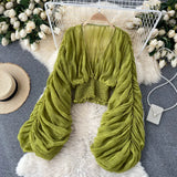 GETADME Women Sexy Chiffon Short Blouse Female See Through Super Long Sleeve Blusas Purple/Green/Black/White Folds Party Tops 2026 New
