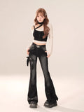 GETADME New Women Black Gothic Bow Flare Jeans Harajuku Aesthetic Y2K Denim Trousers High Waist Cowboy Pant Vintage 2000s Trashy Clothes