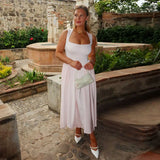 GETADME 솔리드 컬러 슬림 캐미솔 드레스 여성 플리츠 스퀘어넥 슬리브리스 A라인 롱 드레스 우아한 여성 캐주얼 스트리트 신상 로브