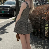 GETADME Women 2025 Square Collar Low Waist Sleeveless Summer Plaid Pattern A-line Mini Dress Sweet Girl's Street Party Vestidos
