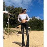 GETADME SHECI Karrram Vintage Distressed Low Waist Jeans Asymmetrical Waist Denim Pant Korean Fashion Black Flare Jeans Kpop Streetwear