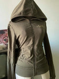 GETADME Winter Y2K Aesthetic Olive Green Hooded Women 90s Vintage High Street Letter Print 2025 New Sweatshirt Hoodies Zip-up Femme Tops
