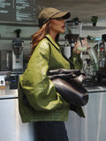 GETADME Veste en cuir vert olive, coupe vintage, tendance streetwear, fermeture éclair, revers, pardessus court, ample, décontractée, vêtement d'extérieur automne