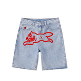 GETADME Summer original color washed flying dog print denim shorts beach trend loose fashion couple quarter pants straight casual pants