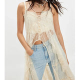 GETADME Women Sheer Maxi Lace Tanks Spaghetti Strap Mesh Tie Front Long Camisole Boho Flowy Floral See Through Coquette Layering Tops