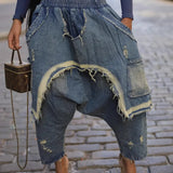 GETADME Women Jeans Harem Pants Hip Hop Punk Denim Pant Hole Elastic Waist Washed Distressed Pockets Streetwear 2025 Ripped Trousers