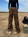 GETADME 2026 Ropa Y2K Streetwear Multi Pockets Brown Baggy Cargo Jeans Pants For Women Clothes Straight Cotton Hip Hop New Lady Trousers